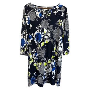 Floral Print Dress 3/4 Sleeve Blue White Black Casual Day‎ Out